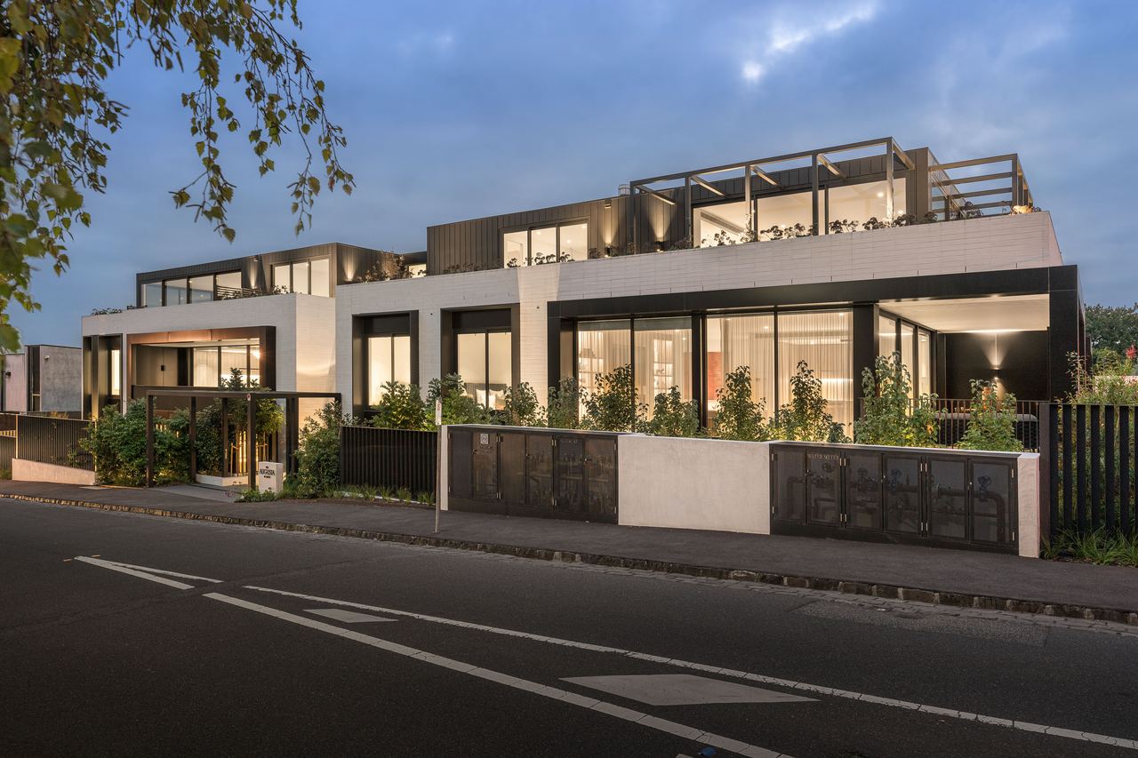The Augusta, Kew — street elevation at dusk