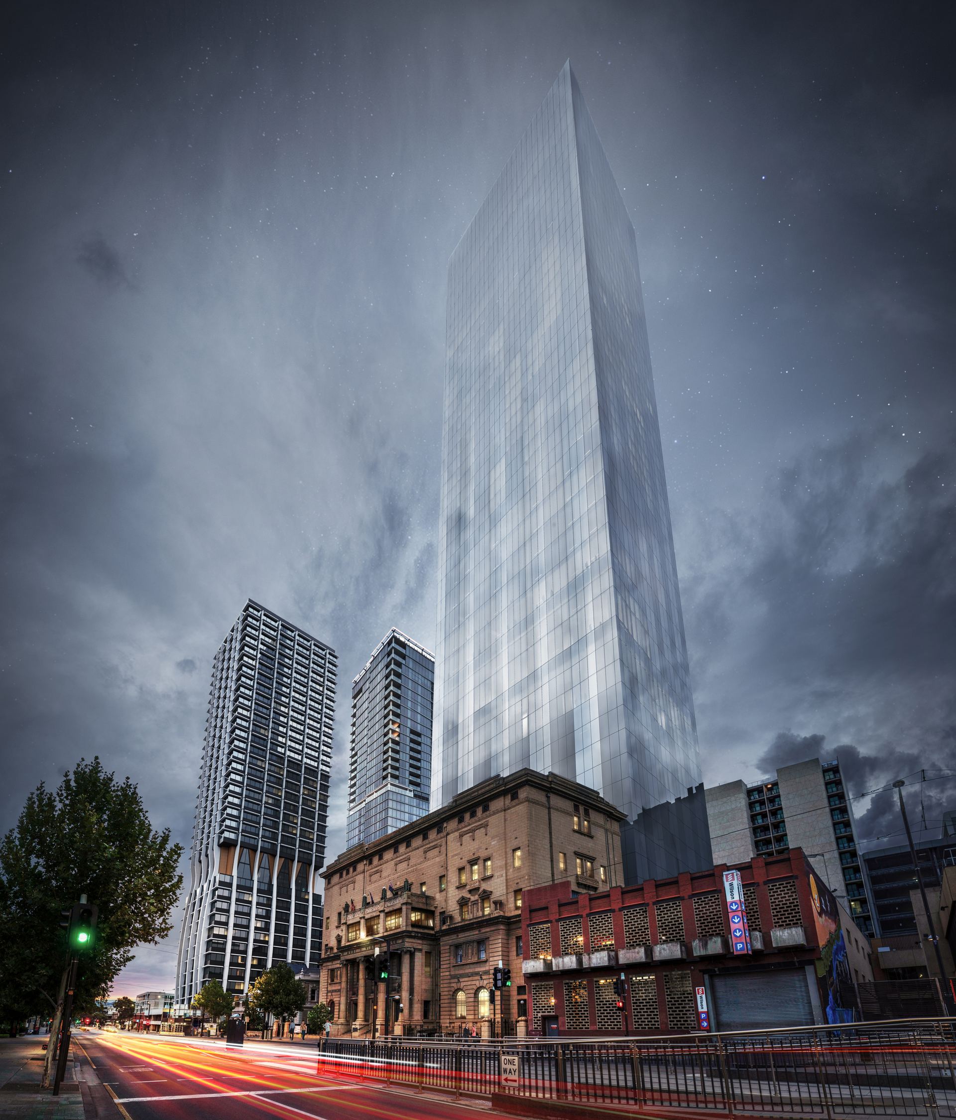 The Westin Adelaide (Keystone) — architectural render of the tower behind the Freemasons Grand Lodge, North Terrace